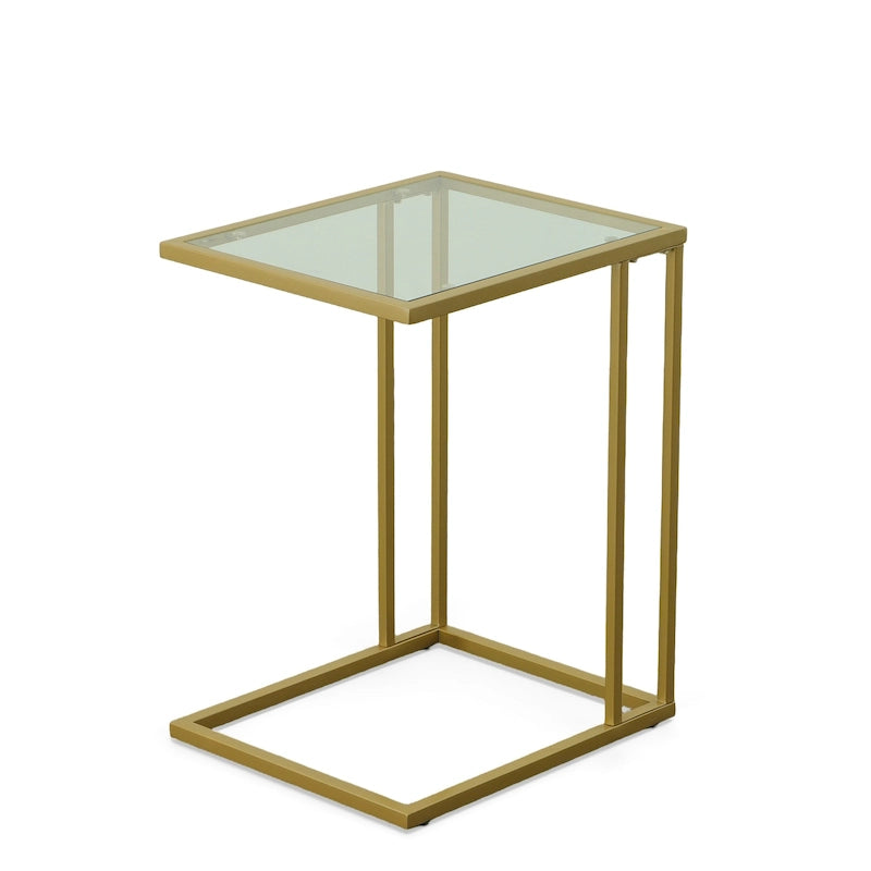 Modern Tempered Glass Top C-Shape Side Table Gold Chrome Frame