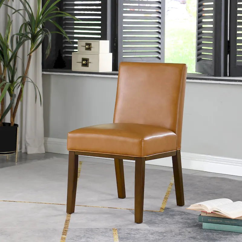 Modern Upholstered Dining Chair with Wood Legs Camel Faux Leather