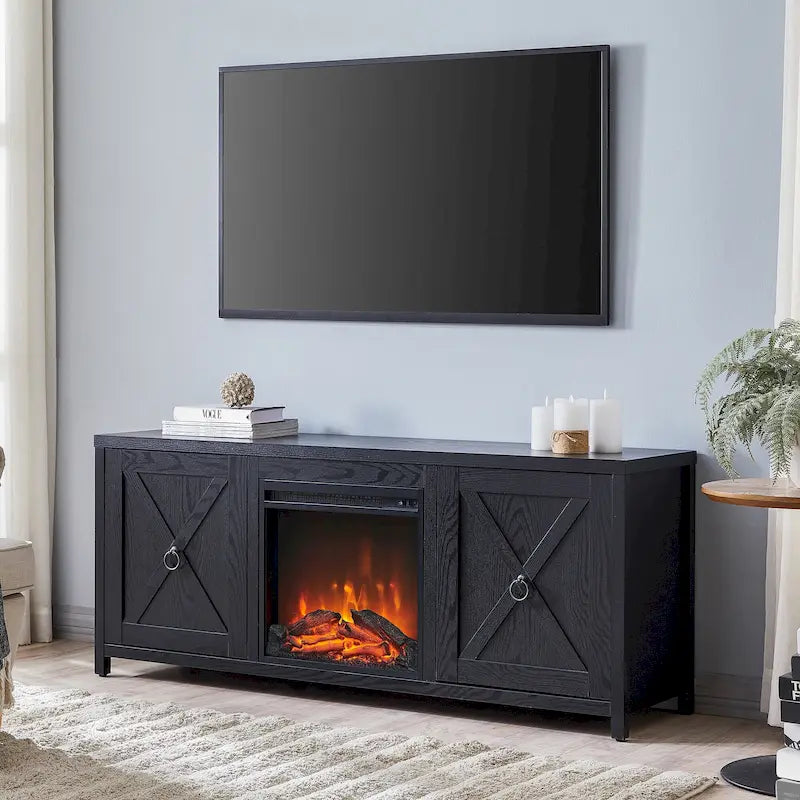 Farmhouse TV Stand with Electric Fireplace Insert and Storage Cabinets