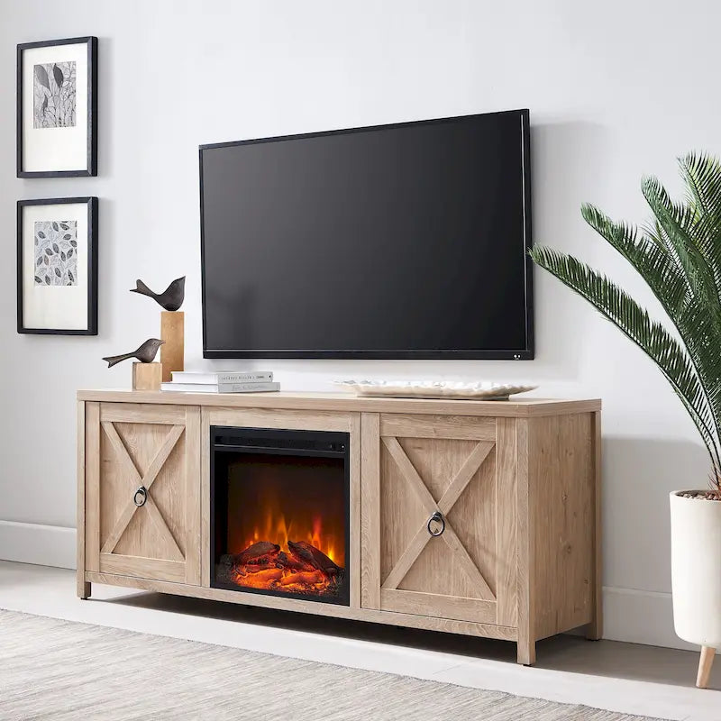 Farmhouse TV Stand with Electric Fireplace Insert and Storage Cabinets