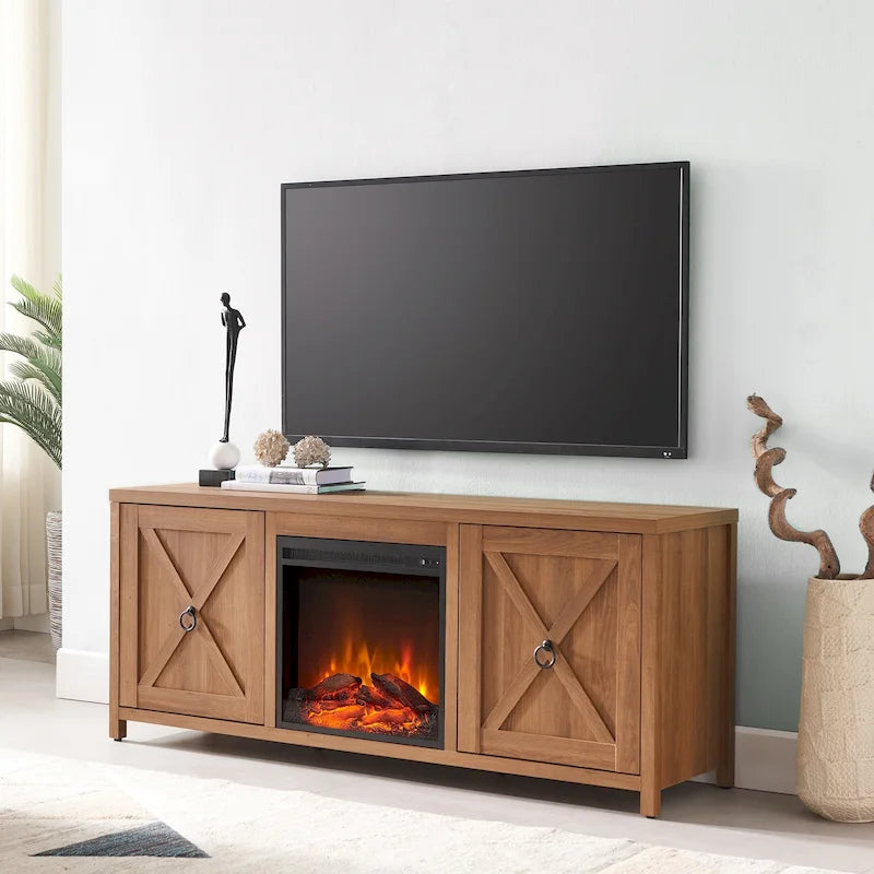 Farmhouse TV Stand with Electric Fireplace Insert and Storage Cabinets