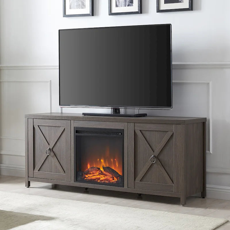 Farmhouse TV Stand with Electric Fireplace Insert and Storage Cabinets