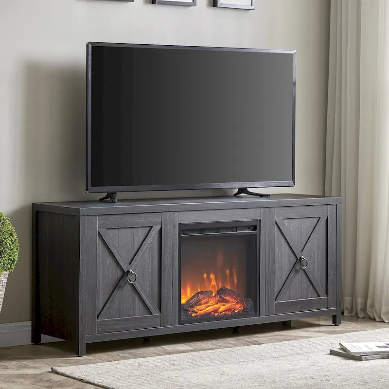 Farmhouse TV Stand with Electric Fireplace Insert and Storage Cabinets