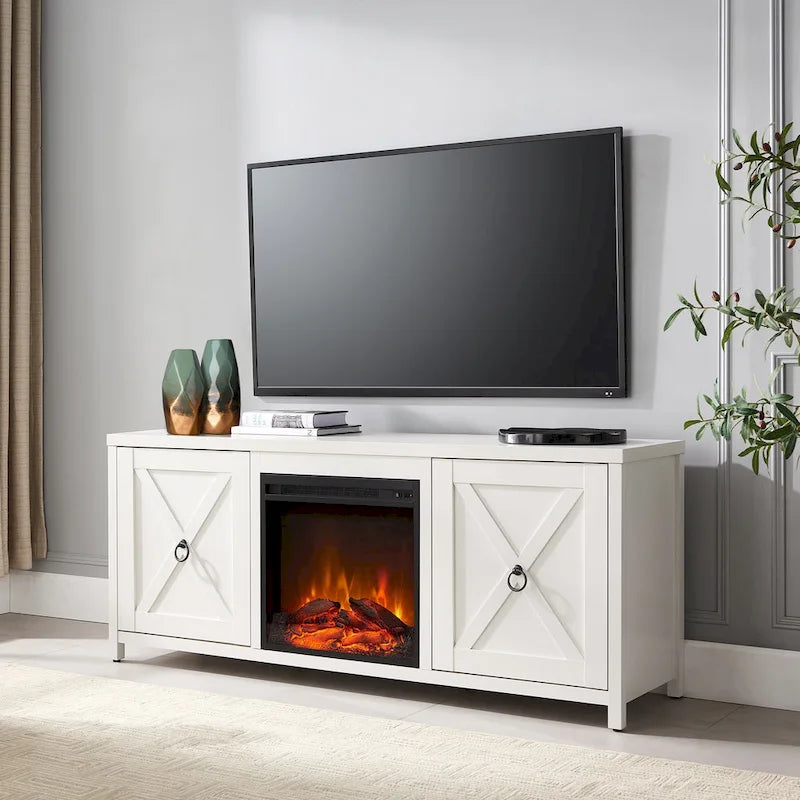 Farmhouse TV Stand with Electric Fireplace Insert and Storage Cabinets