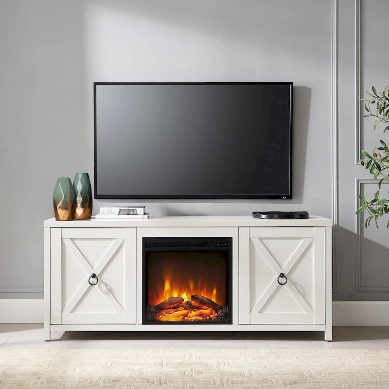 Farmhouse TV Stand with Electric Fireplace Insert and Storage Cabinets