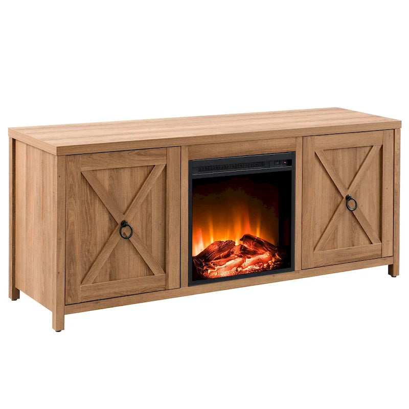 Farmhouse TV Stand with Electric Fireplace Insert and Storage Cabinets