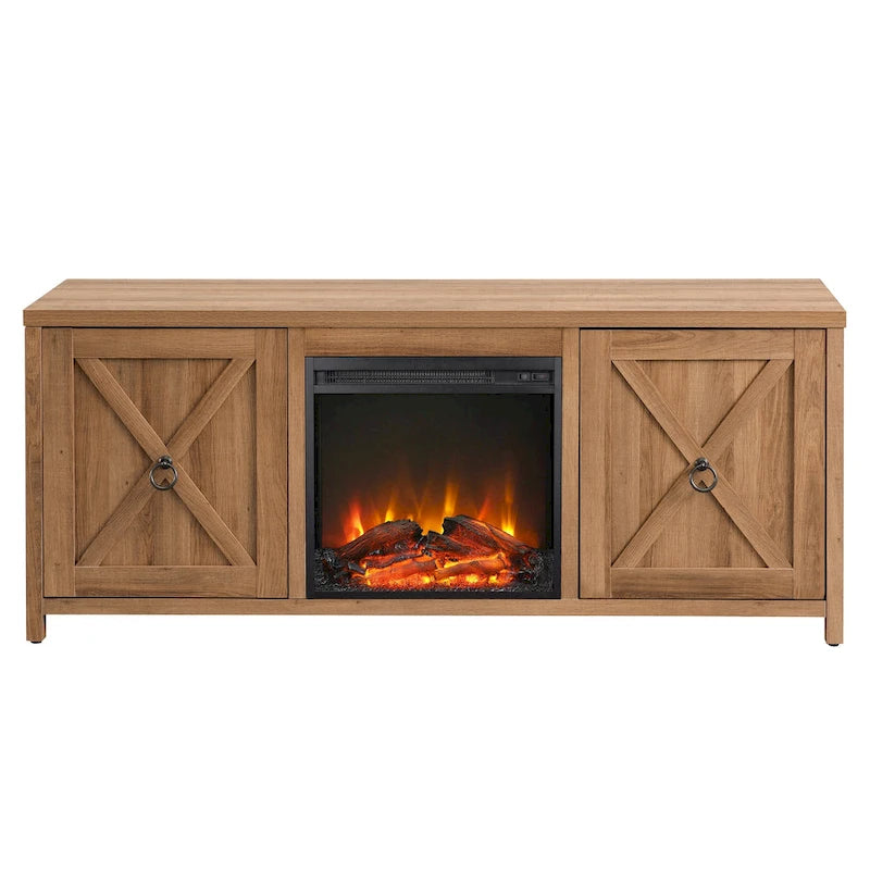 Farmhouse TV Stand with Electric Fireplace Insert and Storage Cabinets