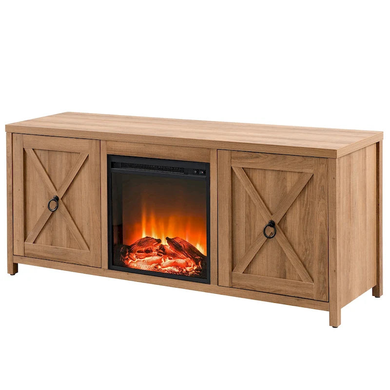 Farmhouse TV Stand with Electric Fireplace Insert and Storage Cabinets
