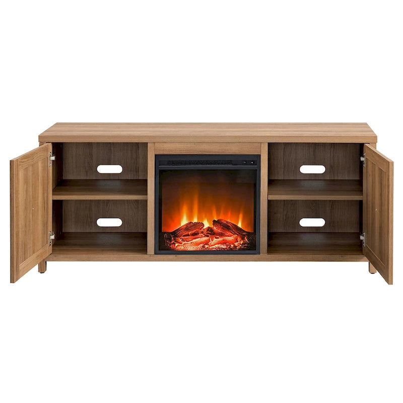 Farmhouse TV Stand with Electric Fireplace Insert and Storage Cabinets
