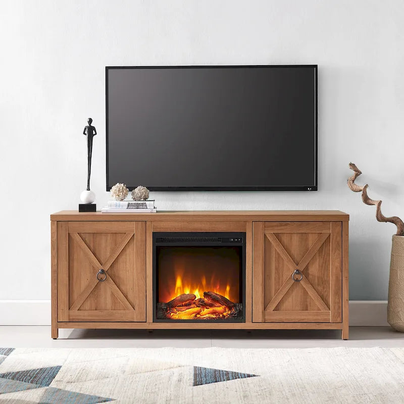 Farmhouse TV Stand with Electric Fireplace Insert and Storage Cabinets