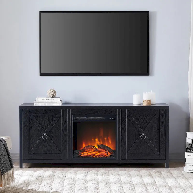 Farmhouse TV Stand with Electric Fireplace Insert and Storage Cabinets