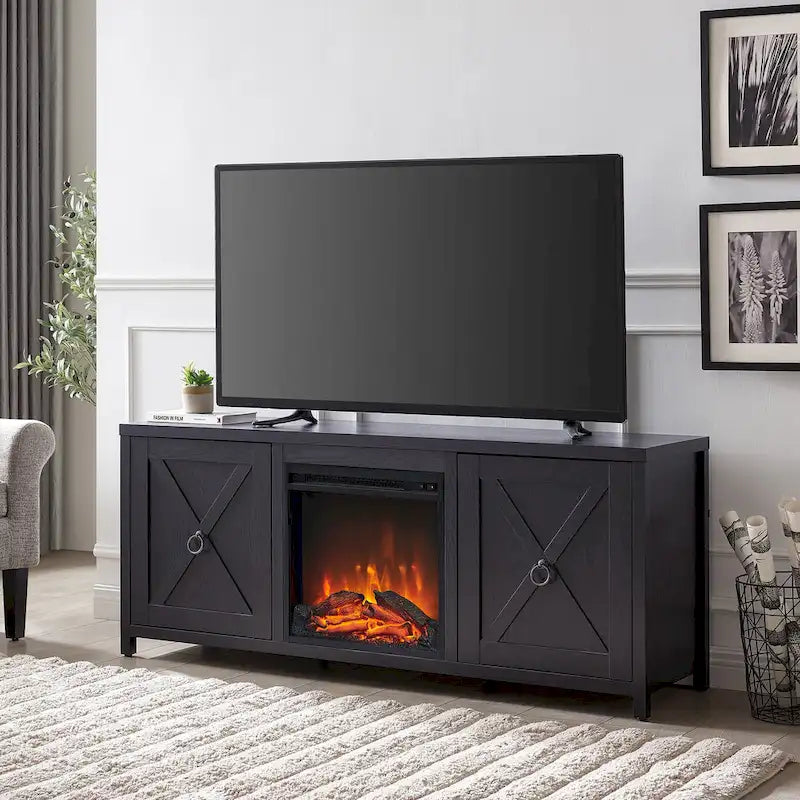 Farmhouse TV Stand with Electric Fireplace Insert and Storage Cabinets