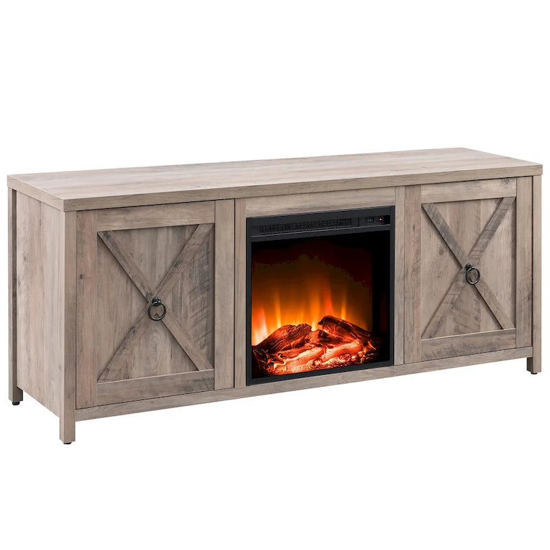 Farmhouse TV Stand with Electric Fireplace Insert and Storage Cabinets