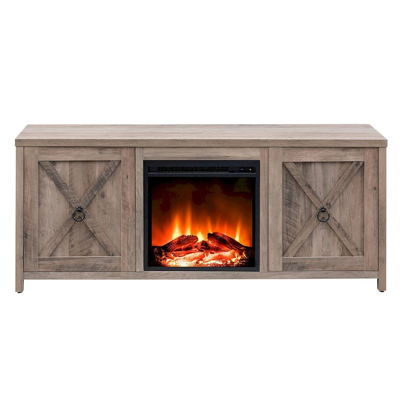 Farmhouse TV Stand with Electric Fireplace Insert and Storage Cabinets