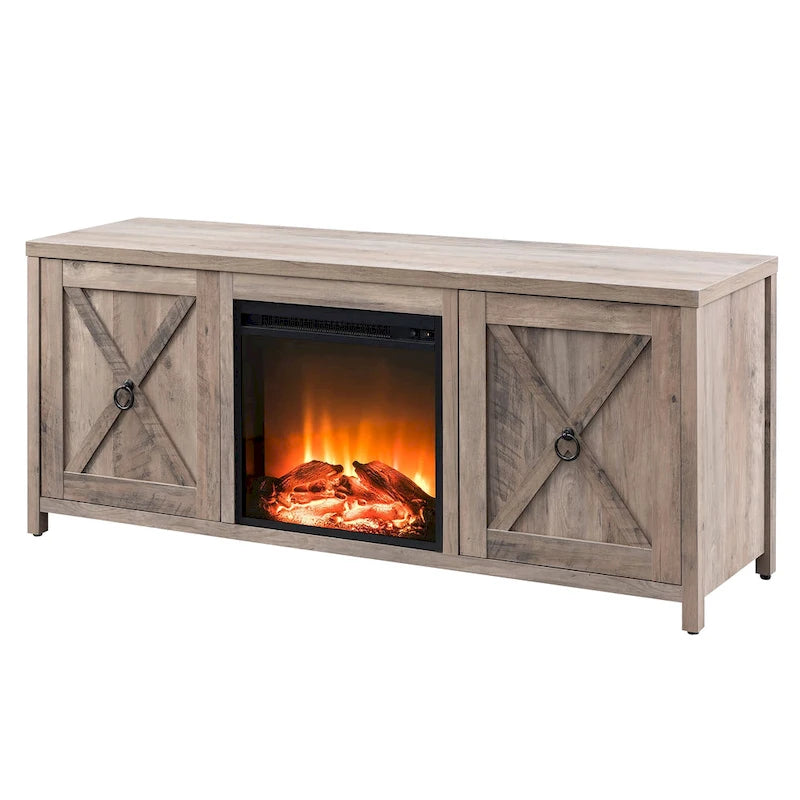 Farmhouse TV Stand with Electric Fireplace Insert and Storage Cabinets