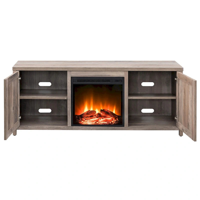 Farmhouse TV Stand with Electric Fireplace Insert and Storage Cabinets
