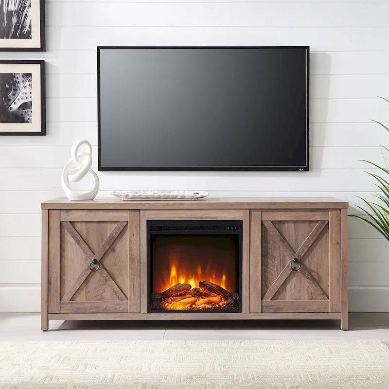 Farmhouse TV Stand with Electric Fireplace Insert and Storage Cabinets