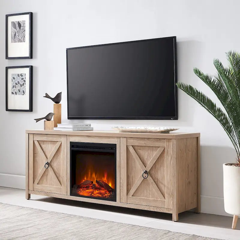 Farmhouse TV Stand with Electric Fireplace Insert and Storage Cabinets