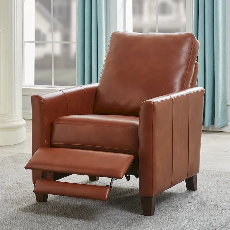 Modern Faux Leather Manual Recliner Chair Caramel Midnight Blue Hardwood Legs