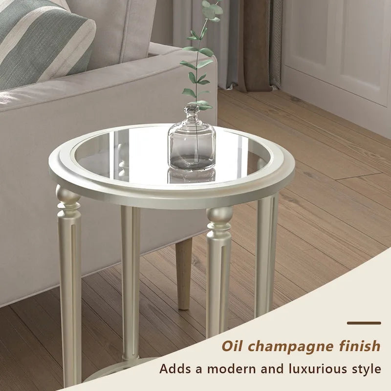 2-Tier Round Tempered Glass Side Table with Storage Shelf Champagne Silver