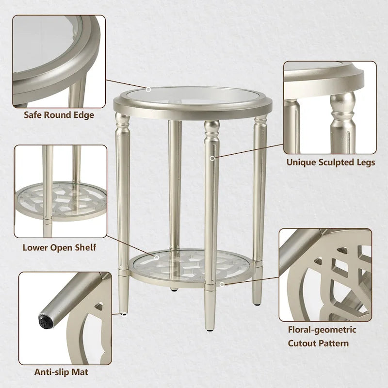 2-Tier Round Tempered Glass Side Table with Storage Shelf Champagne Silver
