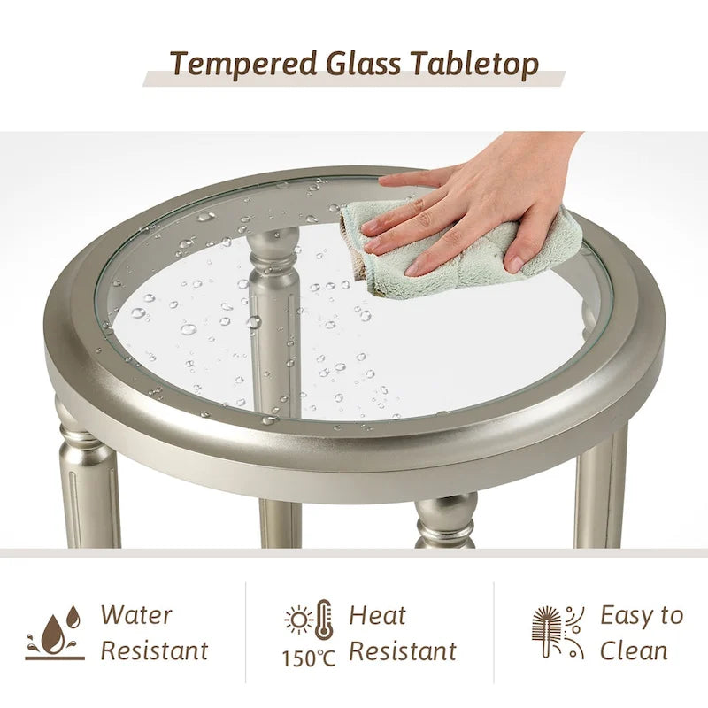 2-Tier Round Tempered Glass Side Table with Storage Shelf Champagne Silver