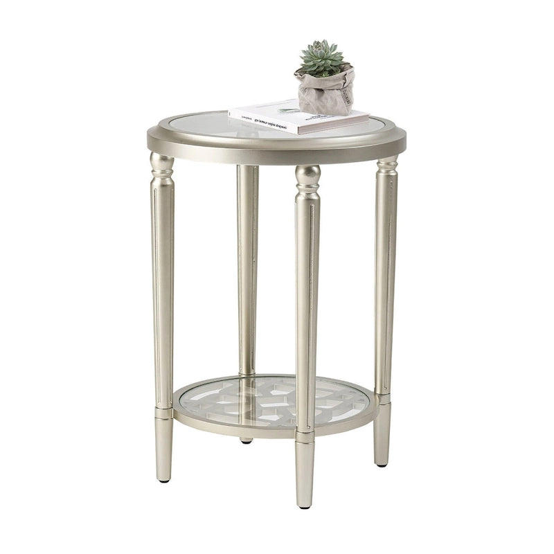 2-Tier Round Tempered Glass Side Table with Storage Shelf Champagne Silver