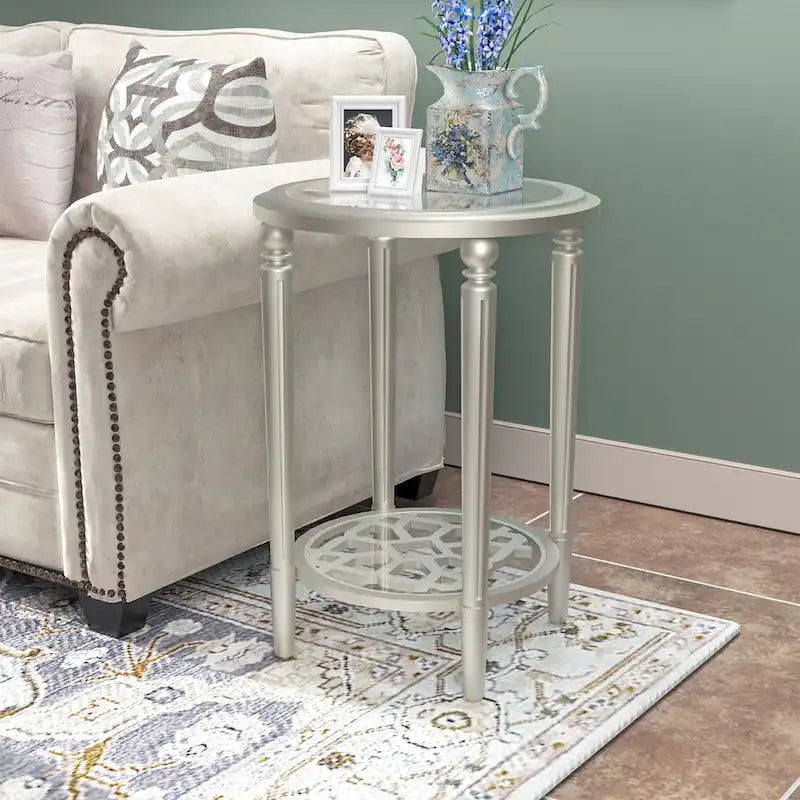 2-Tier Round Tempered Glass Side Table with Storage Shelf Champagne Silver