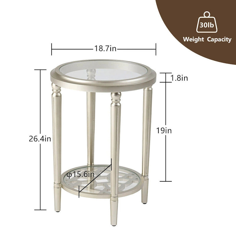 2-Tier Round Tempered Glass Side Table with Storage Shelf Champagne Silver
