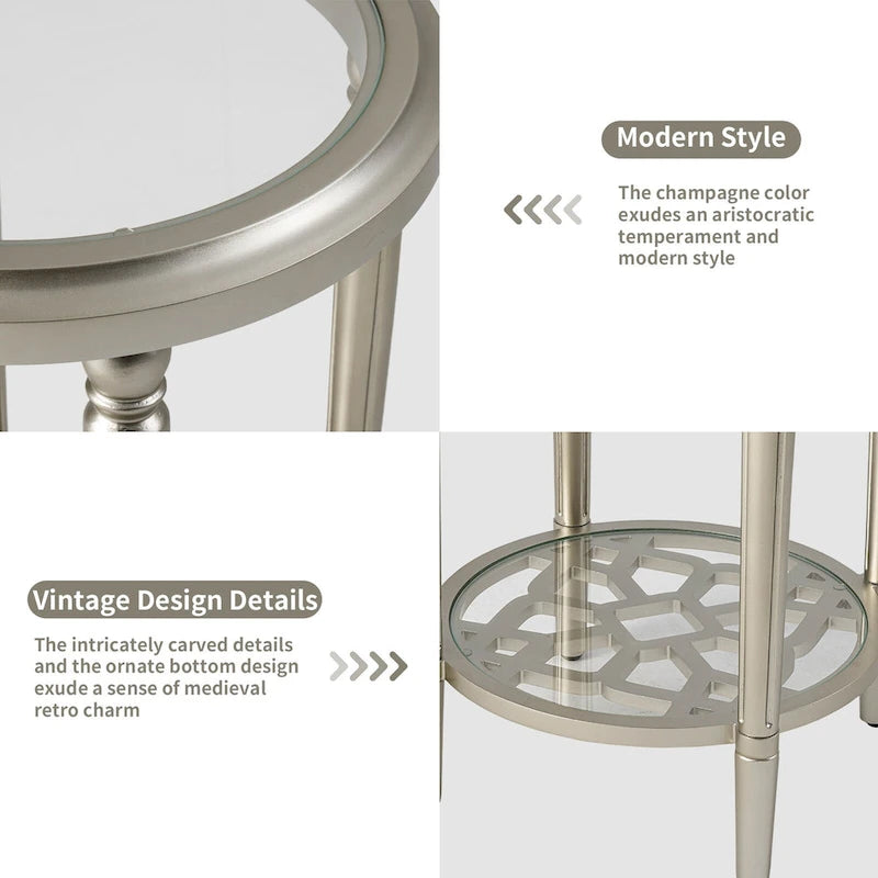 2-Tier Round Tempered Glass Side Table with Storage Shelf Champagne Silver