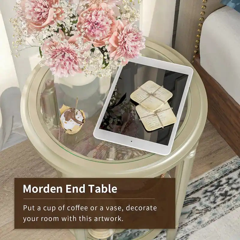 2-Tier Round Tempered Glass Side Table with Storage Shelf Champagne Silver