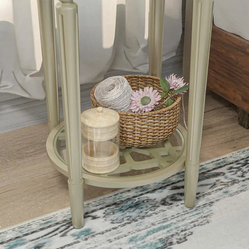2-Tier Round Tempered Glass Side Table with Storage Shelf Champagne Silver