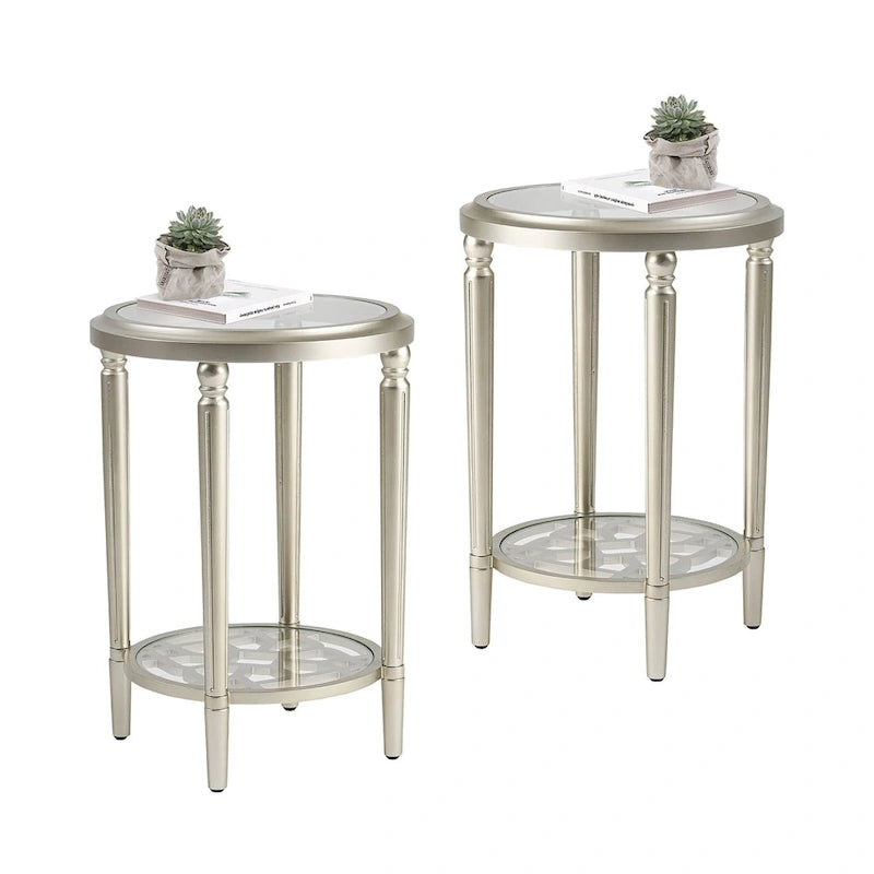 2-Tier Round Tempered Glass Side Table with Storage Shelf Champagne Silver