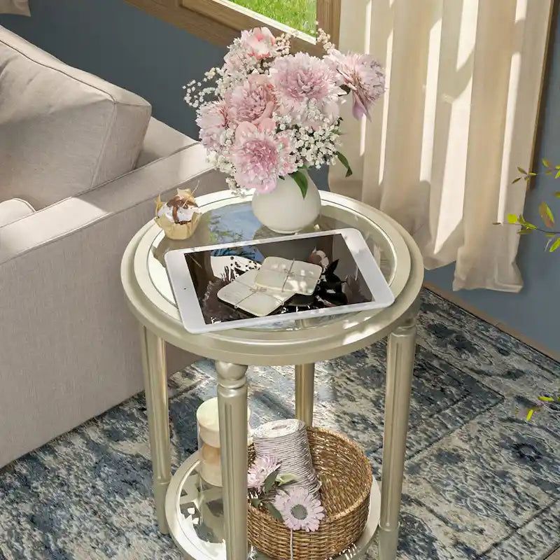 2-Tier Round Tempered Glass Side Table with Storage Shelf Champagne Silver