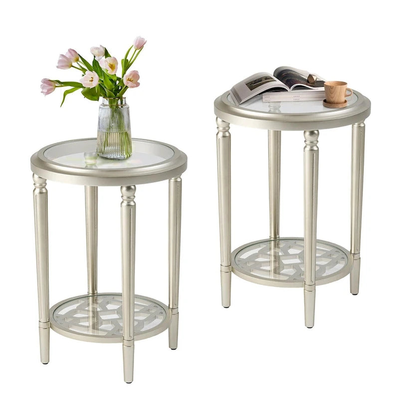 2-Tier Round Tempered Glass Side Table with Storage Shelf Champagne Silver