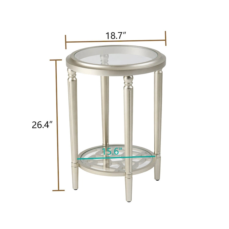 2-Tier Round Tempered Glass Side Table with Storage Shelf Champagne Silver