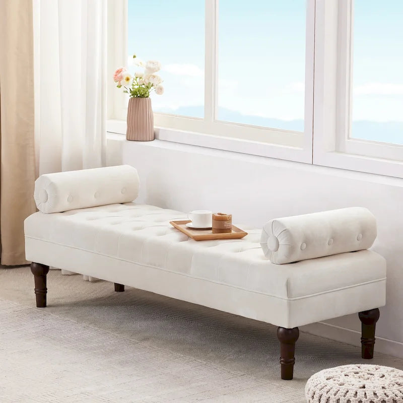 Tufted Velvet Upholstered Bench with Bolster Pillows Grey Beige Blue Pink