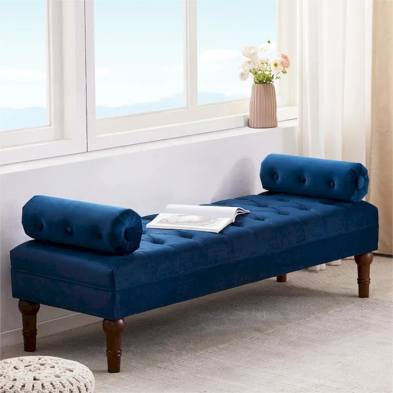 Tufted Velvet Upholstered Bench with Bolster Pillows Grey Beige Blue Pink