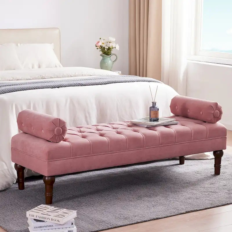 Tufted Velvet Upholstered Bench with Bolster Pillows Grey Beige Blue Pink