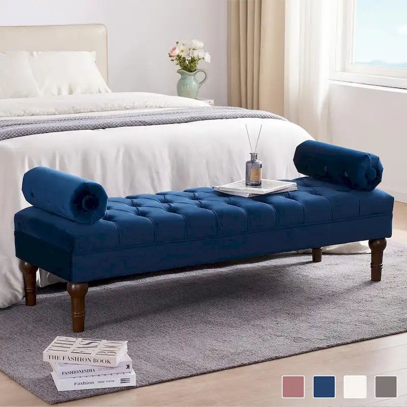 Tufted Velvet Upholstered Bench with Bolster Pillows Grey Beige Blue Pink