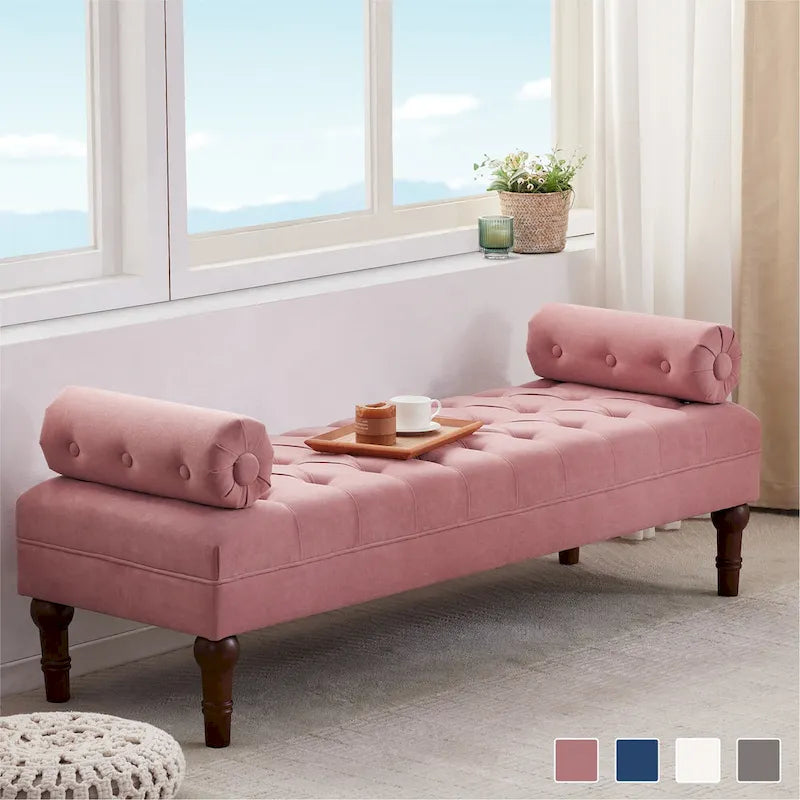 Tufted Velvet Upholstered Bench with Bolster Pillows Grey Beige Blue Pink