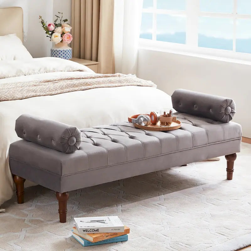 Tufted Velvet Upholstered Bench with Bolster Pillows Grey Beige Blue Pink