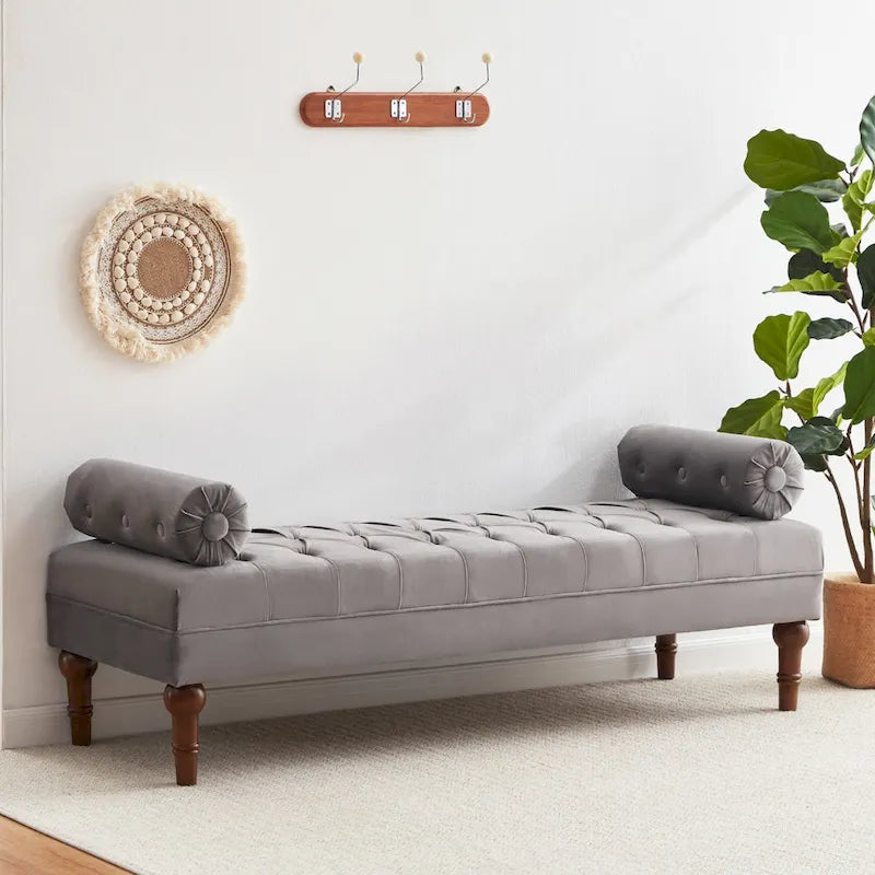 Tufted Velvet Upholstered Bench with Bolster Pillows Grey Beige Blue Pink