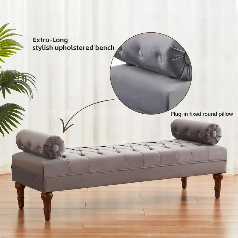 Tufted Velvet Upholstered Bench with Bolster Pillows Grey Beige Blue Pink
