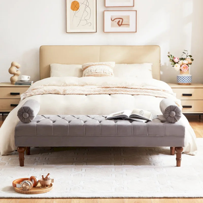 Tufted Velvet Upholstered Bench with Bolster Pillows Grey Beige Blue Pink