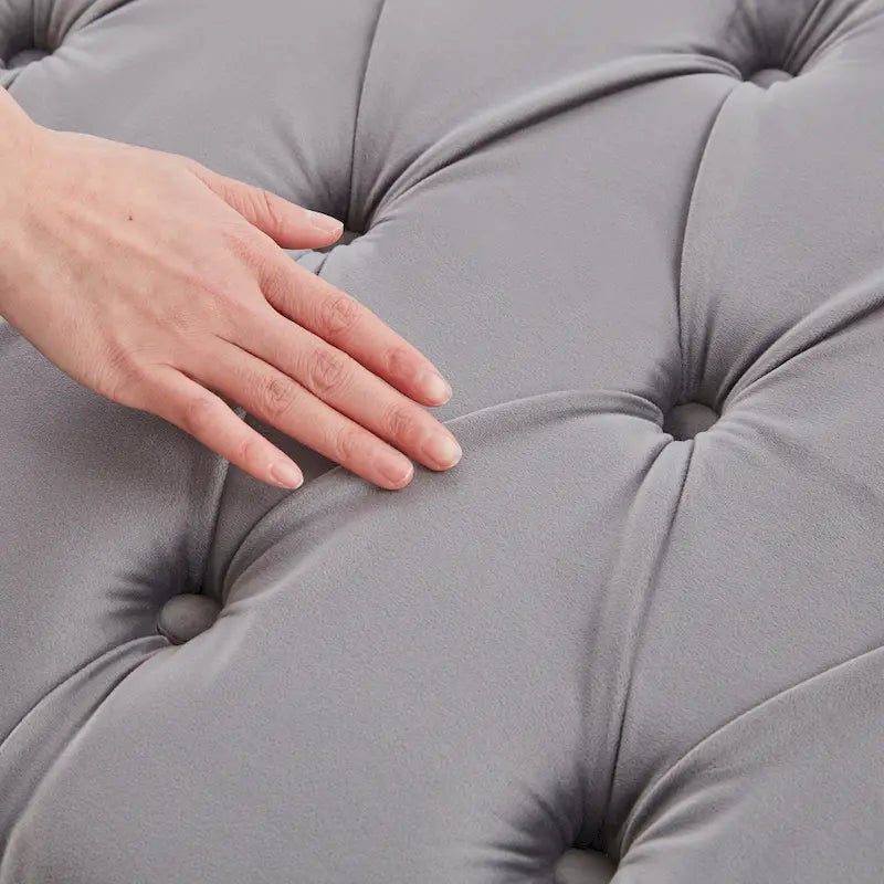 Tufted Velvet Upholstered Bench with Bolster Pillows Grey Beige Blue Pink