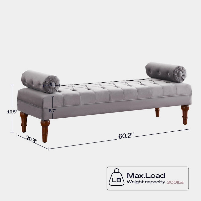 Tufted Velvet Upholstered Bench with Bolster Pillows Grey Beige Blue Pink