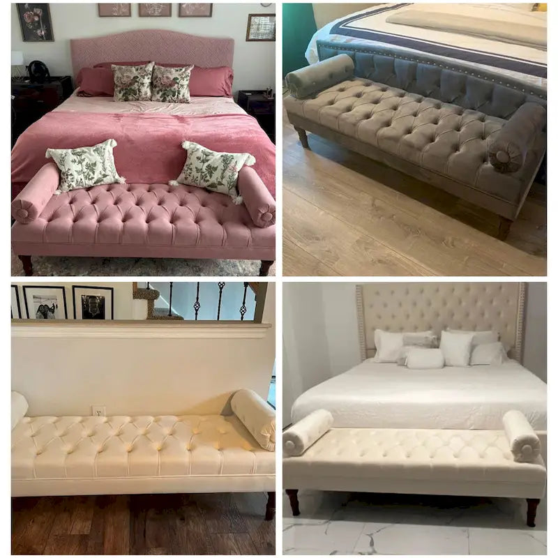 Tufted Velvet Upholstered Bench with Bolster Pillows Grey Beige Blue Pink