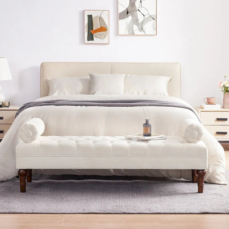 Tufted Velvet Upholstered Bench with Bolster Pillows Grey Beige Blue Pink