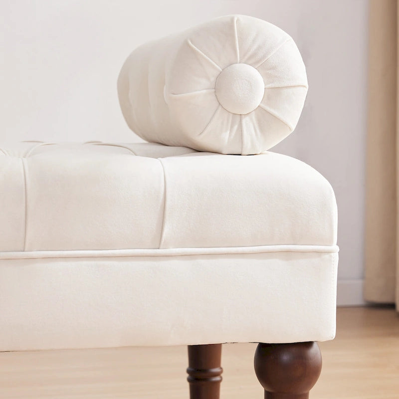 Tufted Velvet Upholstered Bench with Bolster Pillows Grey Beige Blue Pink